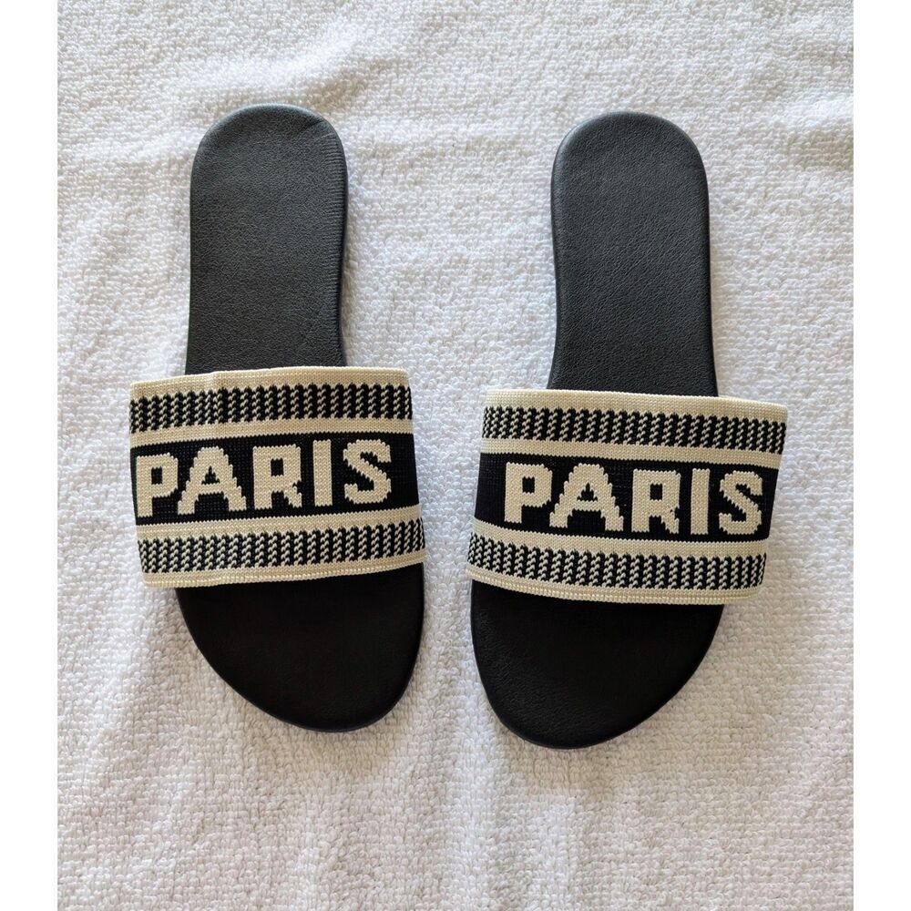 PARIS Logo Slide Sandals Black Knit Strap Size EU38 Casual Flat Slides